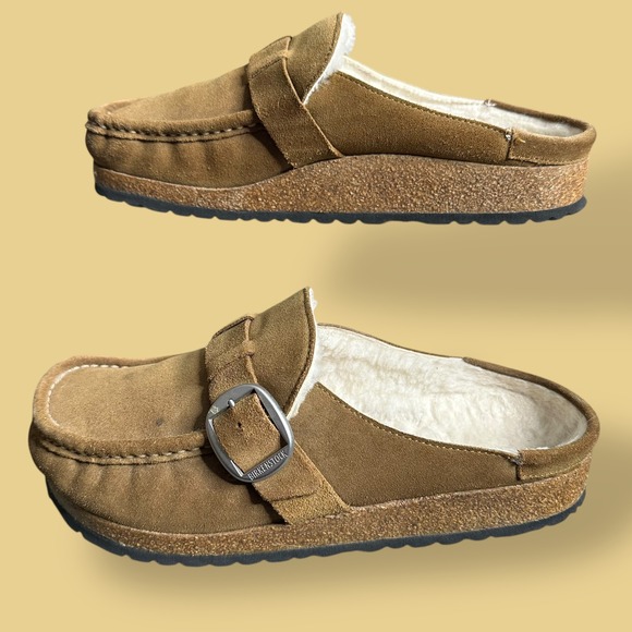 Birkenstock Buckley Shearling Suede Leather Clog Mules Tan Brown Size 41 - Picture 4 of 7